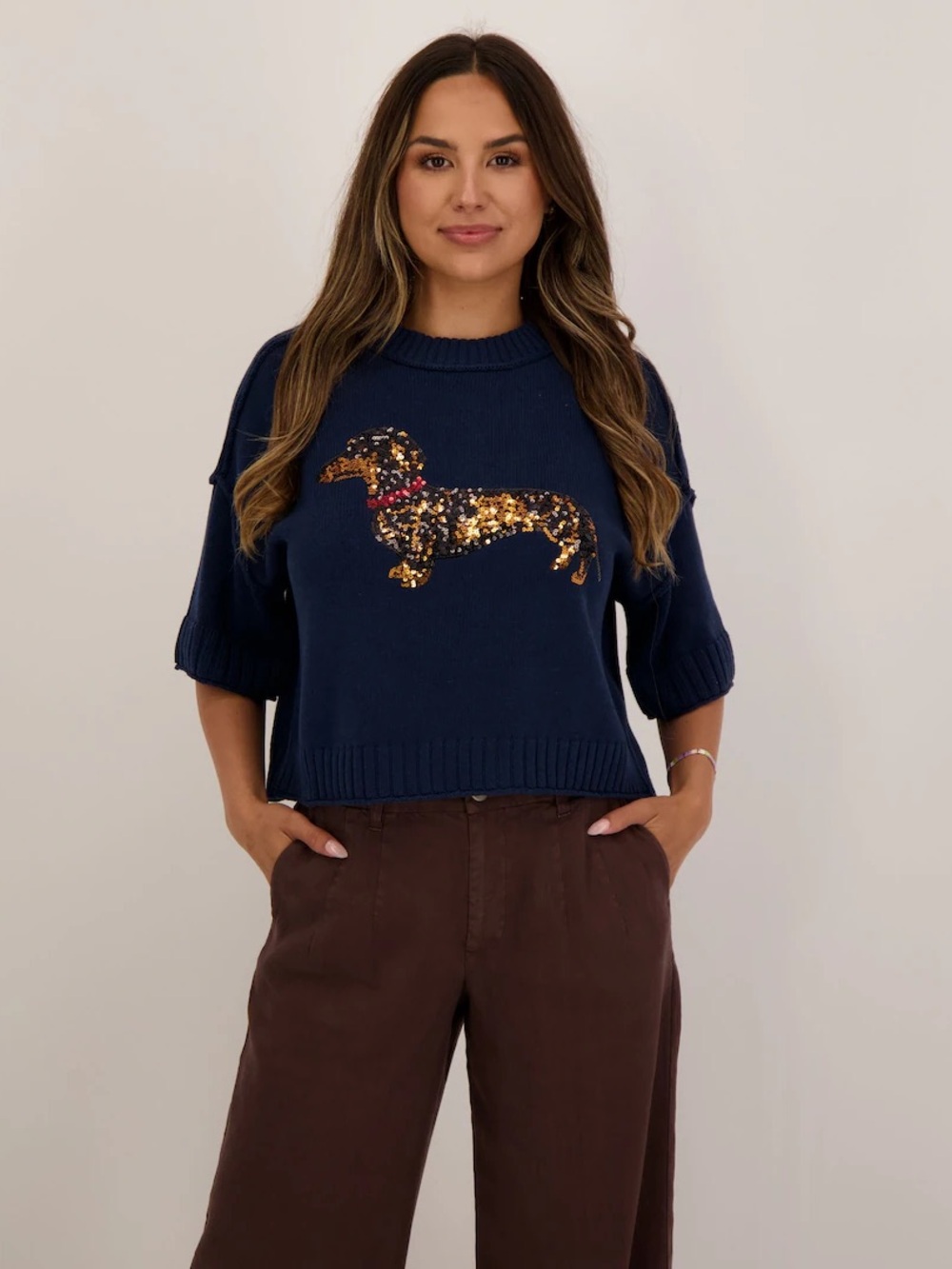 Navy Sequin Dachshund Short-Sleeve Sweater